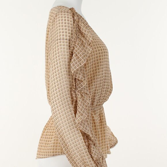 Calvin Klein Printed Ruffled Faux-Wrap Top - Sand Combo - Picture 5 of 5